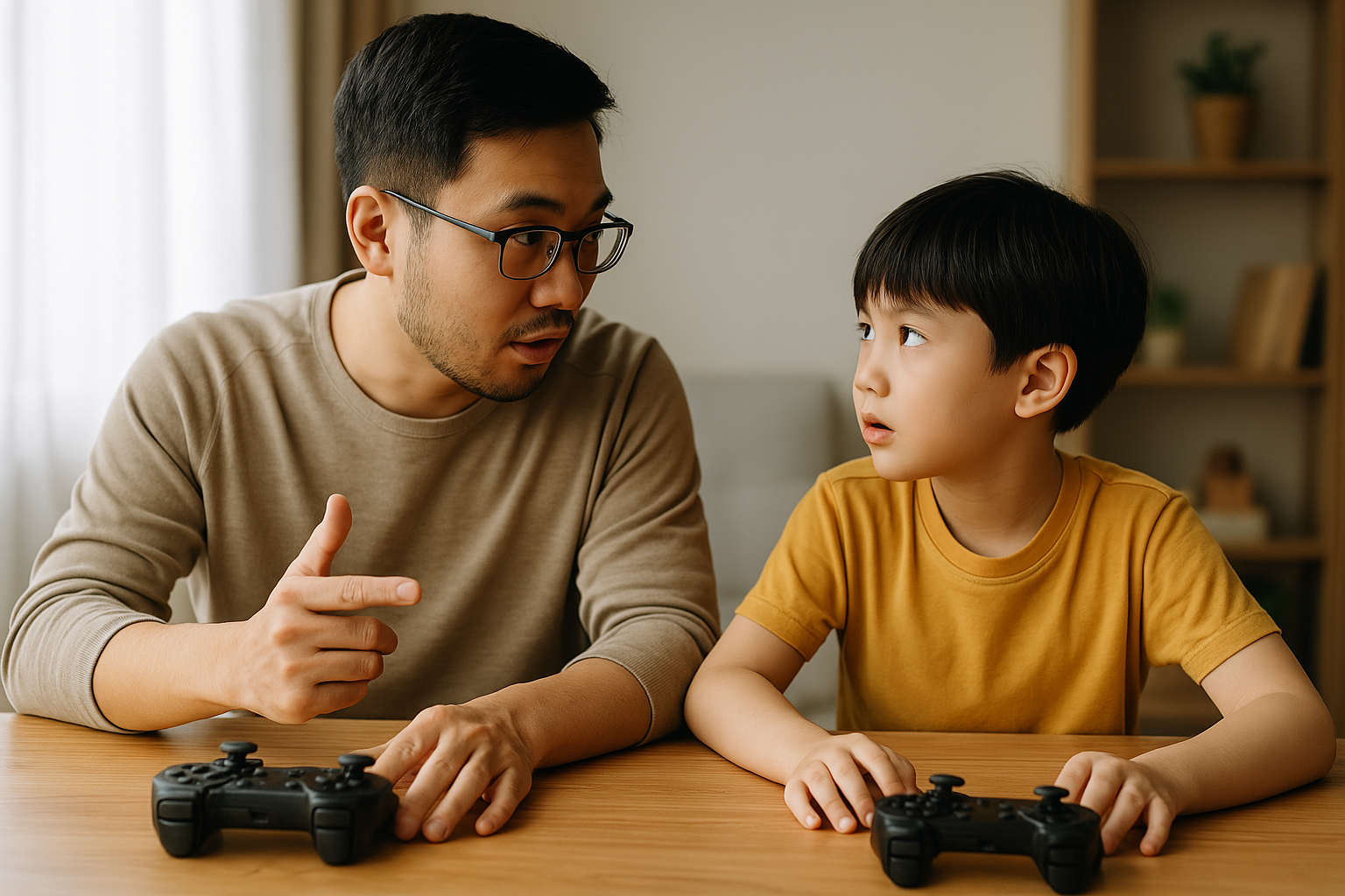 親子がゲームのルールを話し合うシーン
