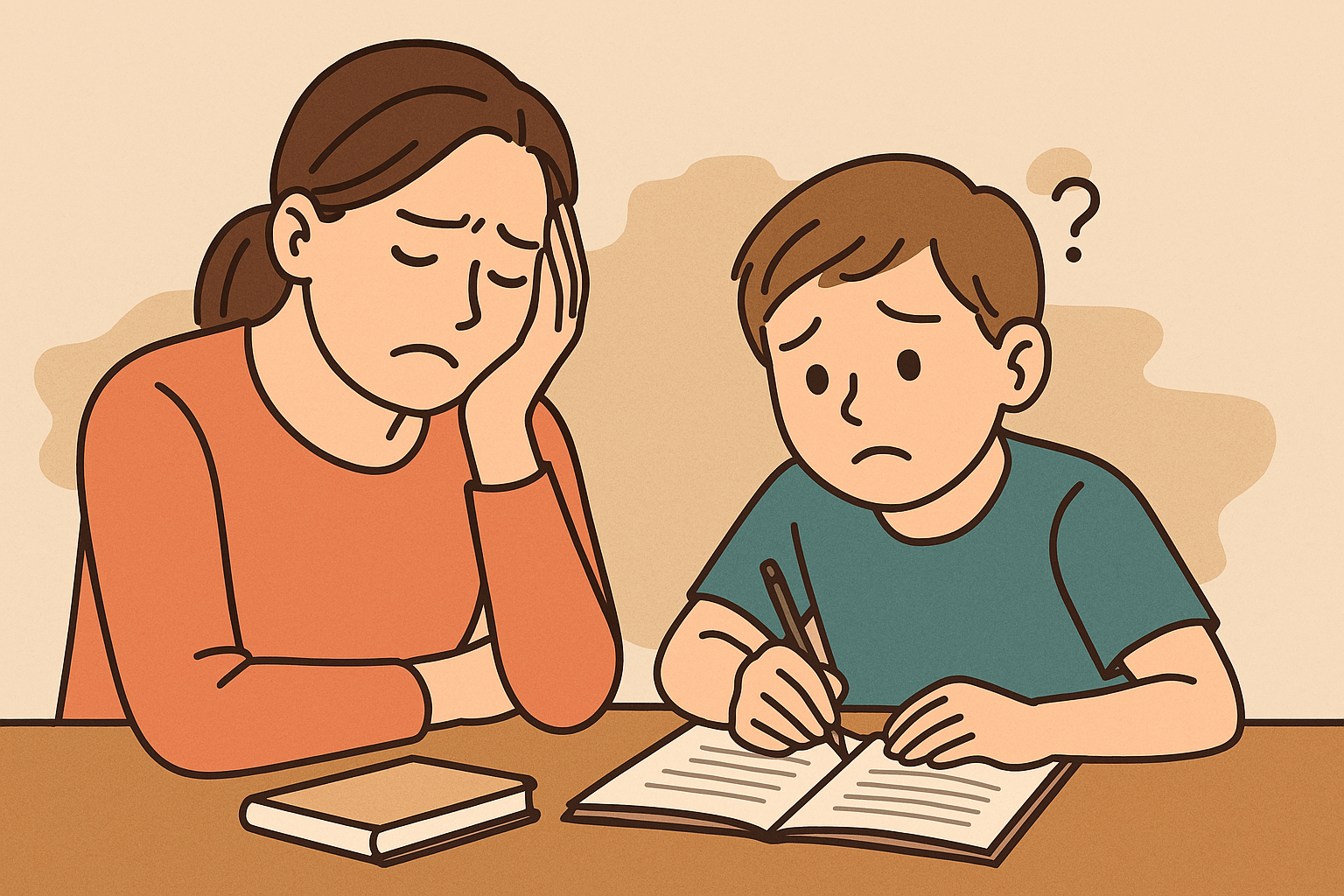 母親が子供に勉強を教えている。